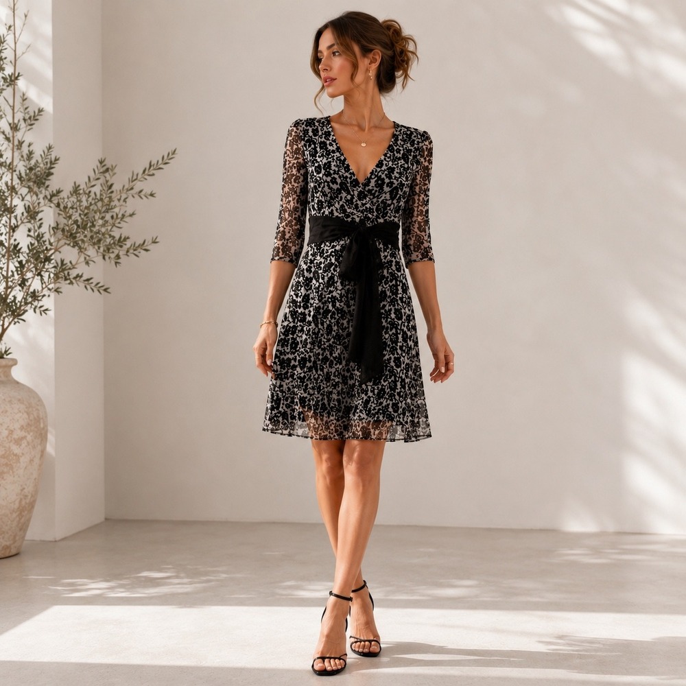 Sandra Darren Black Gray‎ Floral Mesh Dress Size 6 V-Neck 3/4 Sleeve Romantic